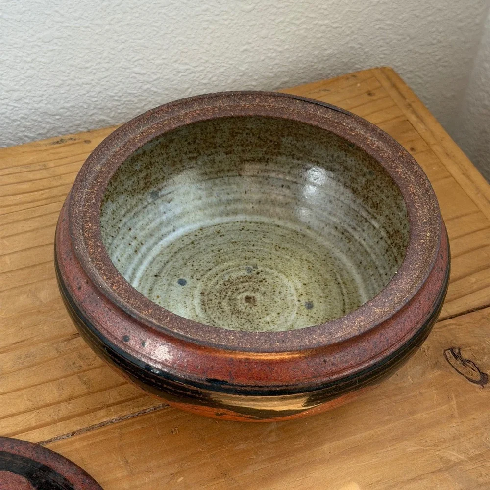 Studio‎ Pottery Lidded Bowl, Hand Thrown Rust Copper Black Glaze, Ceramic Vessel